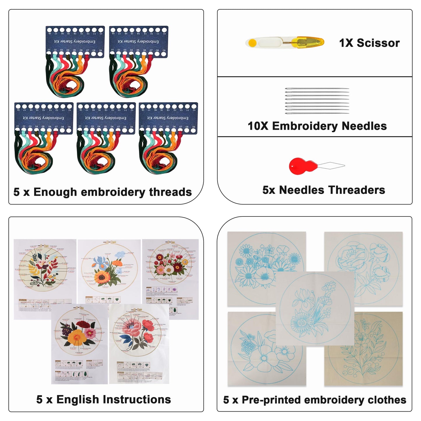 Complete Embroidery Starter Kit for Beginners - 5 Sets Punch Needle Set with Patterns, Hoops, Threads & Stitch Practice Guide for Adults, DIY Hand Embroidery Craft Kit