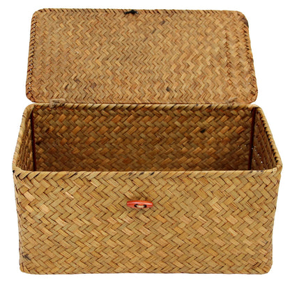 Large Square Sea Grass Baskets for Storage Seaweed Woven Sundries Baskets Sturdy and Durable Natural Material for Make-up with Lid Big Rectangular Seagrass Towel Baskets for Organizing