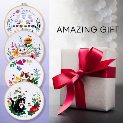 Embroidery Kit for Beginners, 4 Sets Cat Embroidery Kits, Needle Point Kits Adults Beginner, with Original Patterns, Detailed and Easy to Follow Step-by-Step Instructions