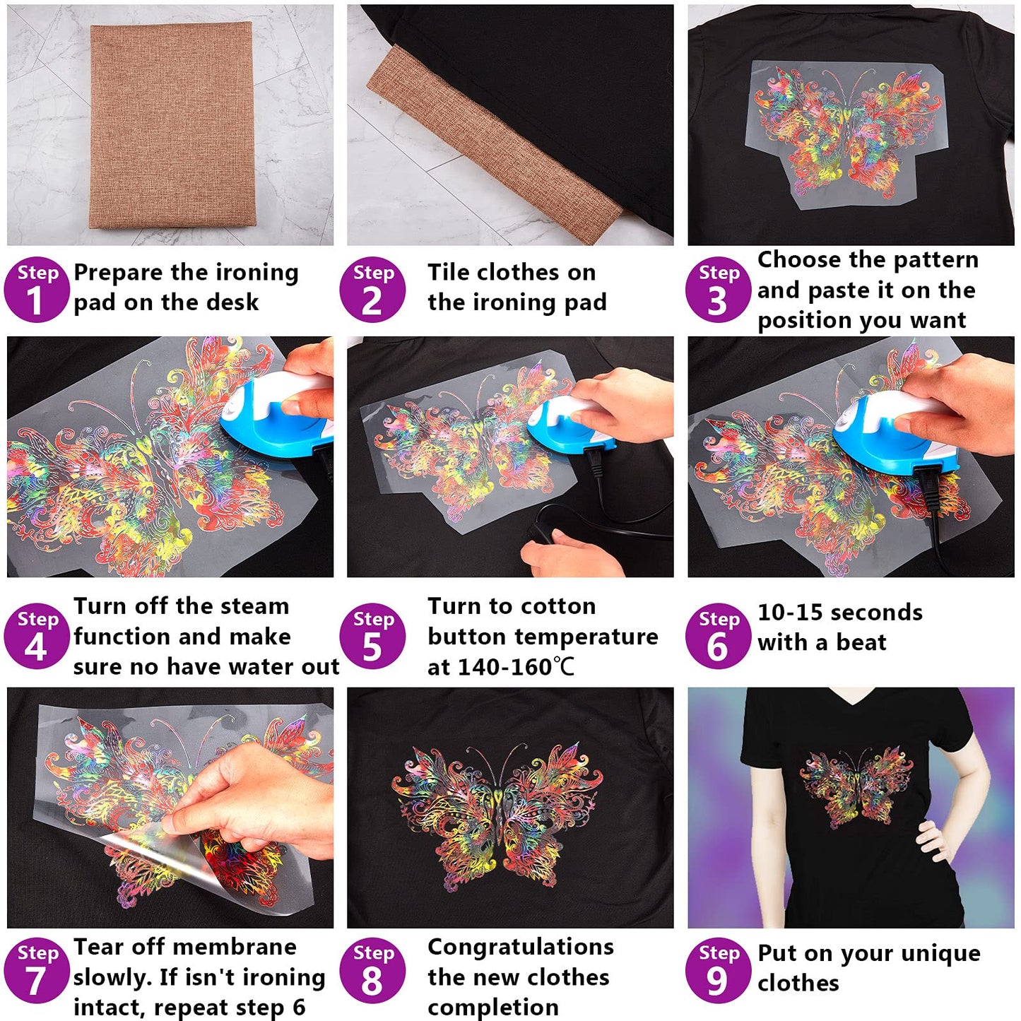 5 Pieces Butterfly Iron on Patches Heat Transfer Colorful Cute Stickers Washable DIY Iron on Transfer Decals for T-Shirt Jeans Backpacks Families Clothing Hat DIY Applique, 5 Styles