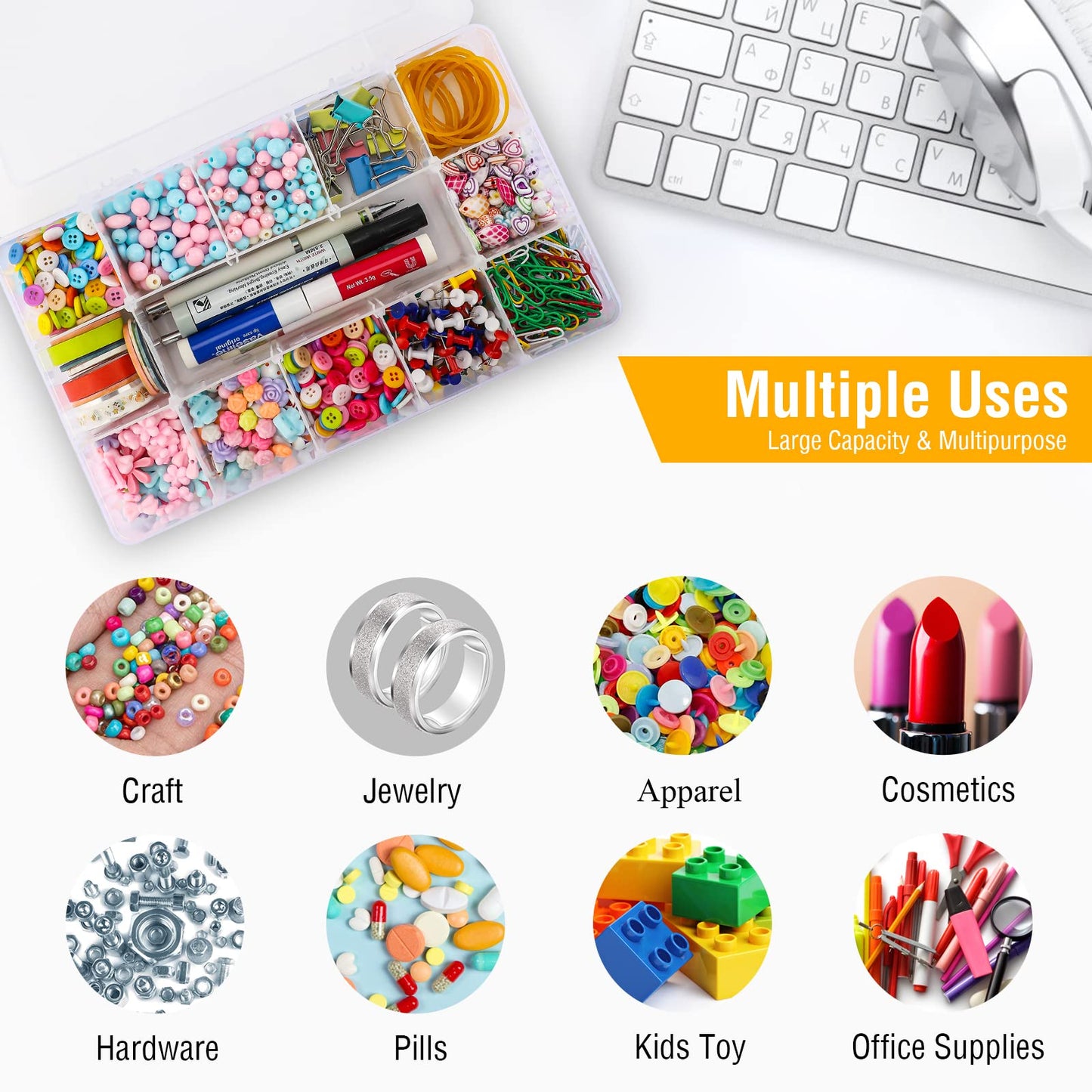 15 Large Grids Plastic Organizer Box with Dividers, Exptolii Clear Compartment Container Storage for Washi Tapes Beads Crafts Jewelry Fishing Tackles, Size 11 x 6.3 x 2.2 in