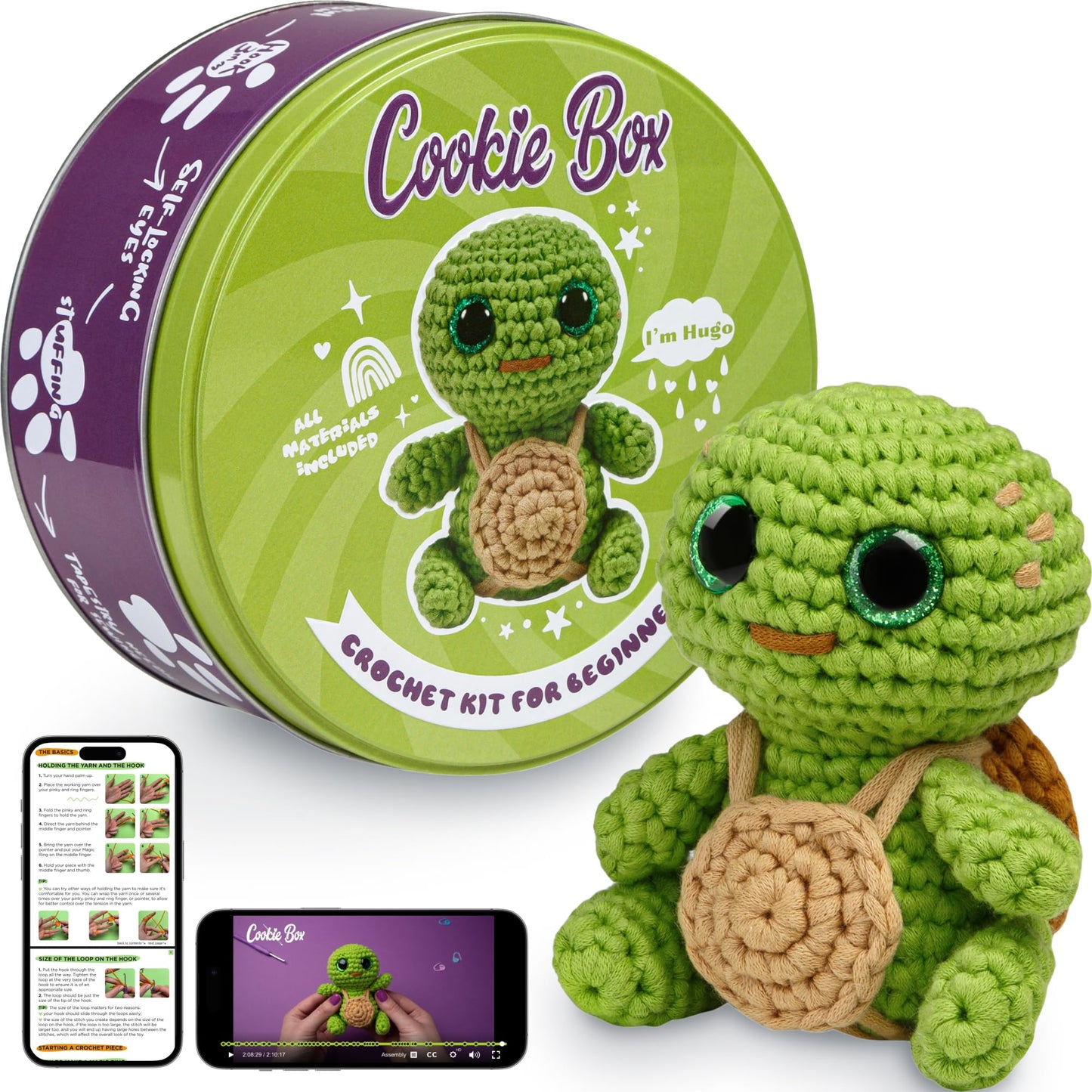 Crochet Kit for Beginners - Learn to Craft Amigurumi Stuffed Animals - Knitting Gift for Kids (13+) and Adults - Beginner-Friendly Yarn - Stitch-by-Stitch Video Tutorial - Turtle Hugo
