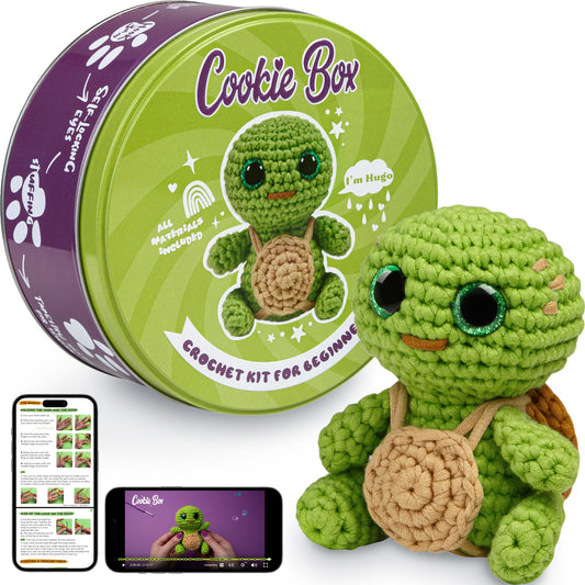 Crochet Kit for Beginners - Learn to Craft Amigurumi Stuffed Animals - Knitting Gift for Kids (13+) and Adults - Beginner-Friendly Yarn - Stitch-by-Stitch Video Tutorial - Turtle Hugo