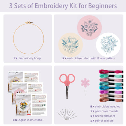 3 PCS Embroidery Kit for Beginners - Cross Stitch DIY Craft Set, Flower Embroidery Accessories & Hoop Included, Hand Embroidery Kit for Adults Stitching Sewing Kit Gift | FlowerB Patterns