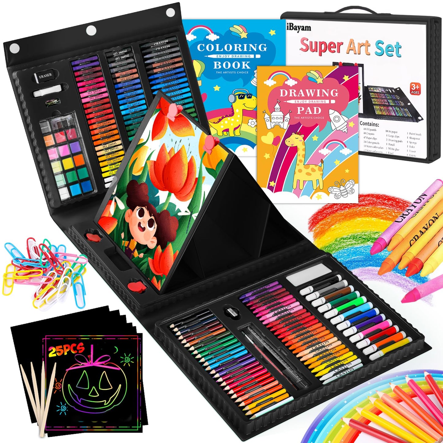 Art Kit, 251-Pack Art Supplies Drawing Kits, Arts and Crafts Gifts Box for Kids Teen Girls Boys, Art Set Case with Trifold Easel, Scratch Paper, Sketch Pad, Coloring Book, Crayons, Pencils