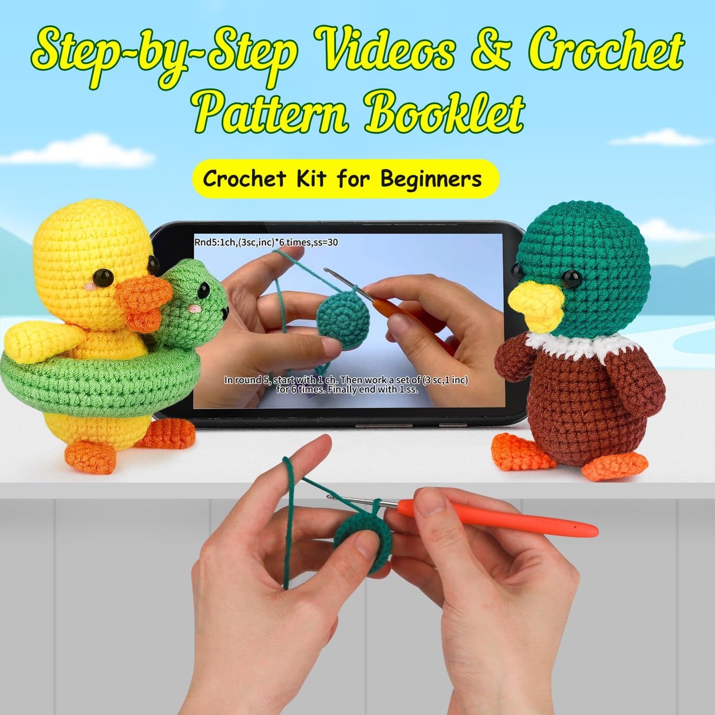 Crochet Kit for Beginners with Step-by-Step Video Tutorials, DIY Knitting Supplies for Adults & Kids, Ducks (45%+ Yarn)