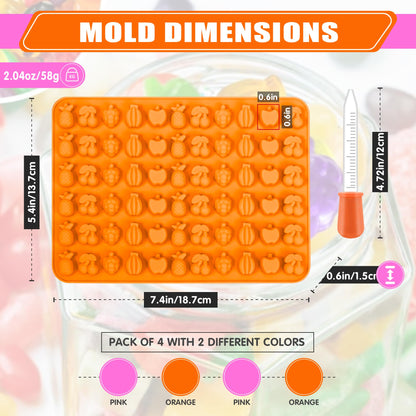 Set of 8 Fruit Snack Molds Silicone Bpa Free, Gummy Molds Trays for Candy Chocolate Gummies Baking - with 2 Dropper & 2 Cleaning Brush(Cherries Grape Banana Apple Pineapple)