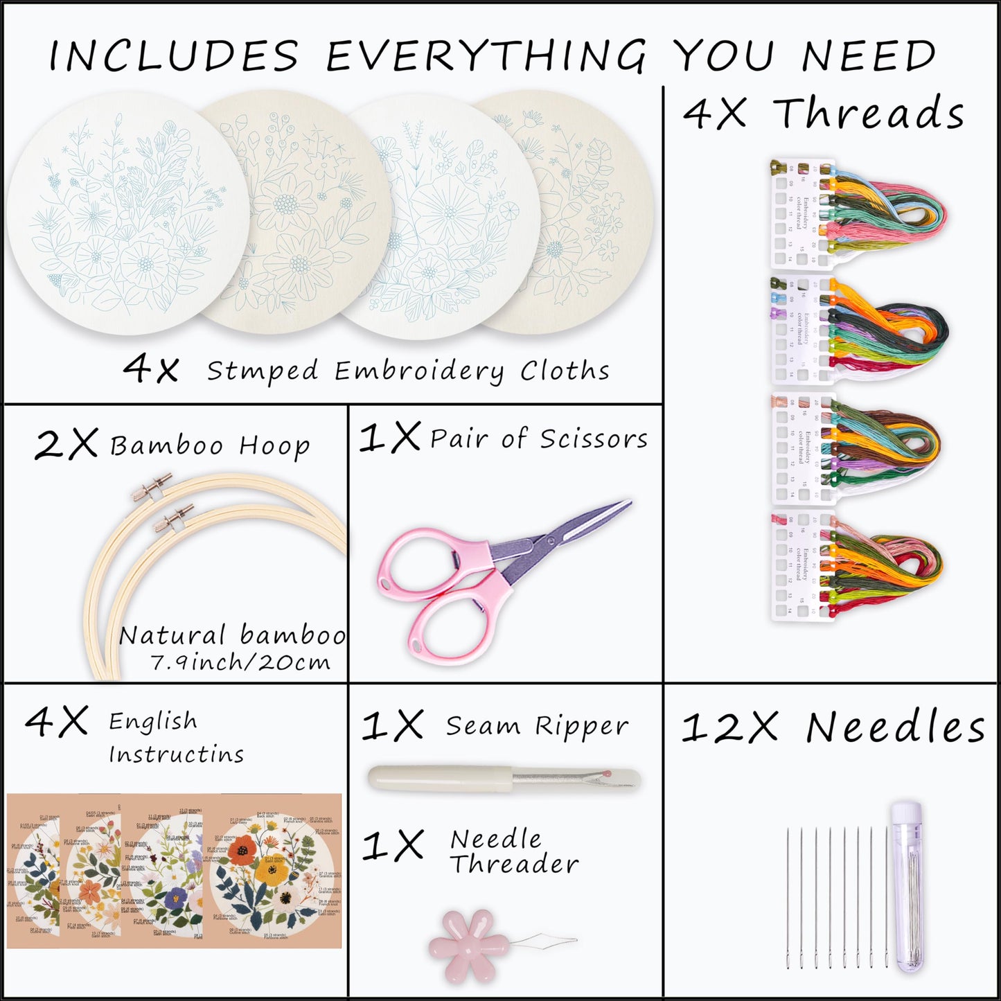 Embroidery Kit for Beginners with Instructions,Cross Stitch Kits for Adults with Pattern,Needlepoint Kits for Adult Include Embroidery Cloth Hoops Needles Threads (flowers2)