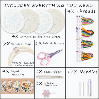 Embroidery Kit for Beginners with Instructions,Cross Stitch Kits for Adults with Pattern,Needlepoint Kits for Adult Include Embroidery Cloth Hoops Needles Threads (flowers2)