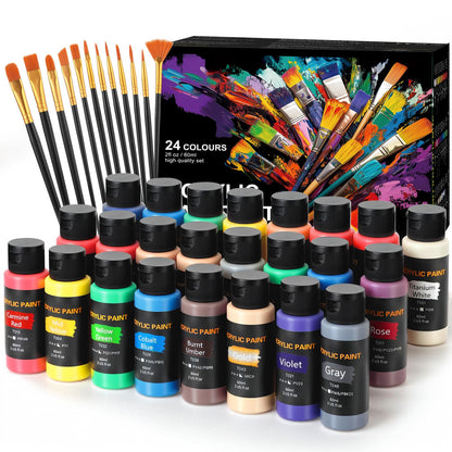 Acrylic Paint Set 24 Colors(2oz /60ml) with 12 Brushes,Rich Pigmented, Premium Acrylic Paints for Canvas Wood Glass Rock Leather Painting, Art Craft Paint Supplies
