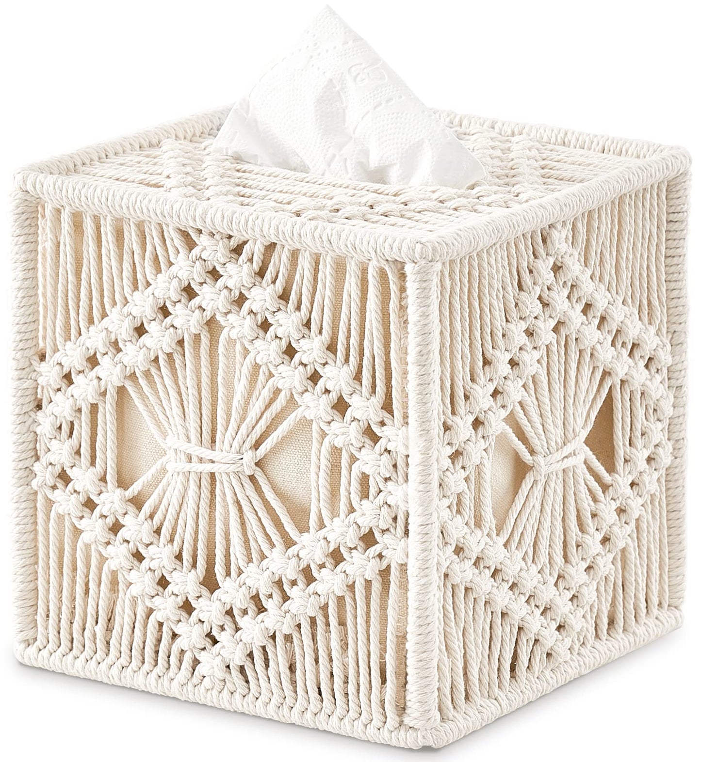 Tissue Box Cover Macrame Square Open-Bottom Tissue Box Holder Boho Decor Tissue Organizer Bohemian Handmade Woven Tissue Cube Box for Bathroom Bedroom Dresser Living Room Office Dorm