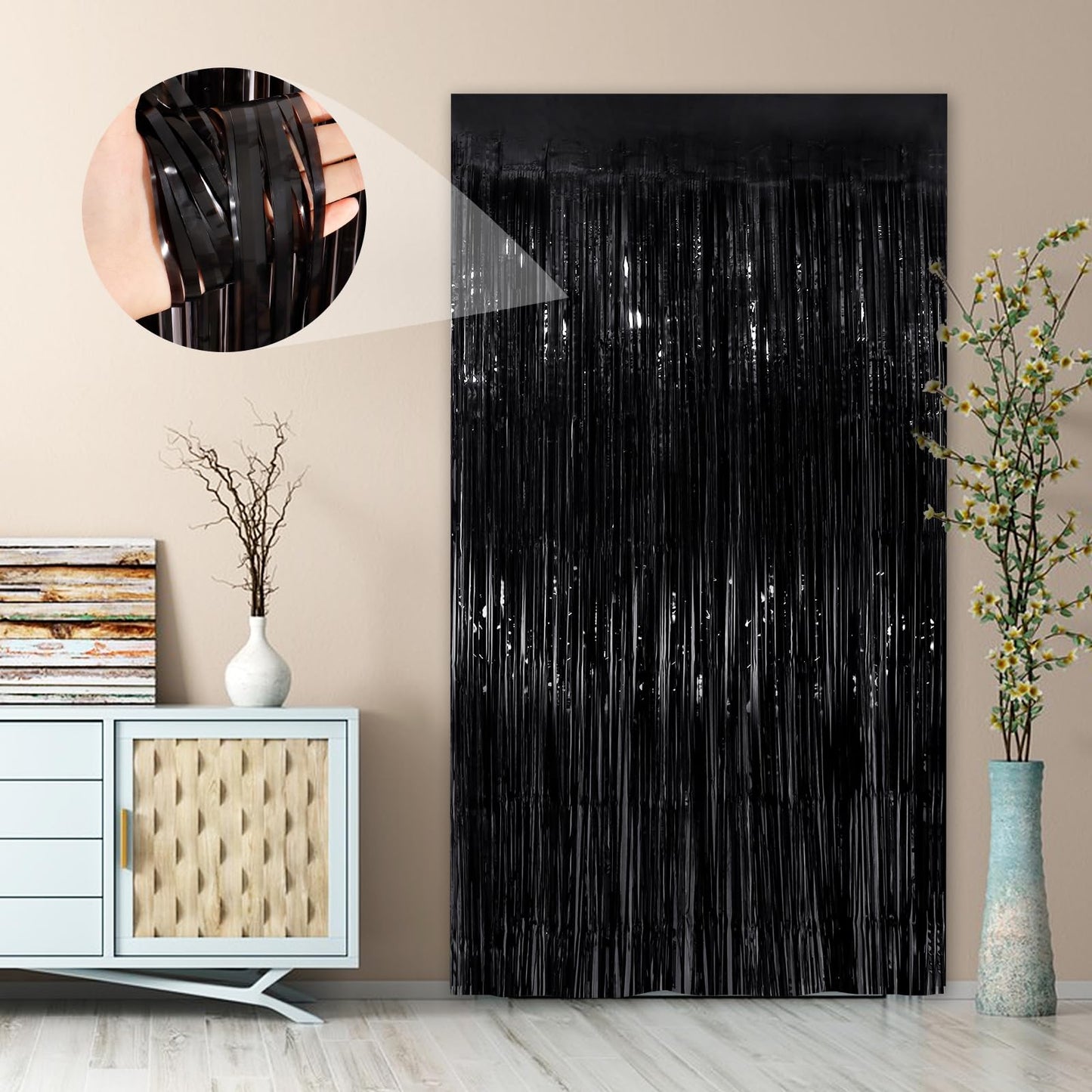 Black Fringe Curtain Party Streamers 2Pack 3.3x8.3 Ft Foil Fringe Backdrop Curtains for Birthday Wedding Bridal Baby Shower Halloween Decor Tinsel Streamers Black Party Decorations Door Streamers