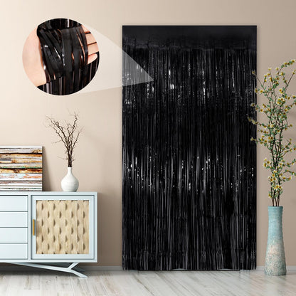 Black Fringe Curtain Party Streamers 2Pack 3.3x8.3 Ft Foil Fringe Backdrop Curtains for Birthday Wedding Bridal Baby Shower Halloween Decor Tinsel Streamers Black Party Decorations Door Streamers