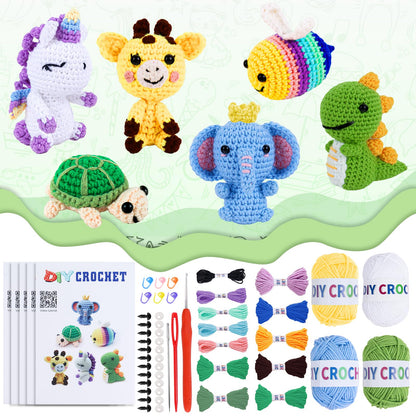6PCS Crochet Kit for Beginners, Knitting Kit with Step-by-Step Video Tutorials, Beginner Crochet Kit for Adults, Crochet Animal Kit for Beginners Kids, Complete Kit Included 6 Cute Animals
