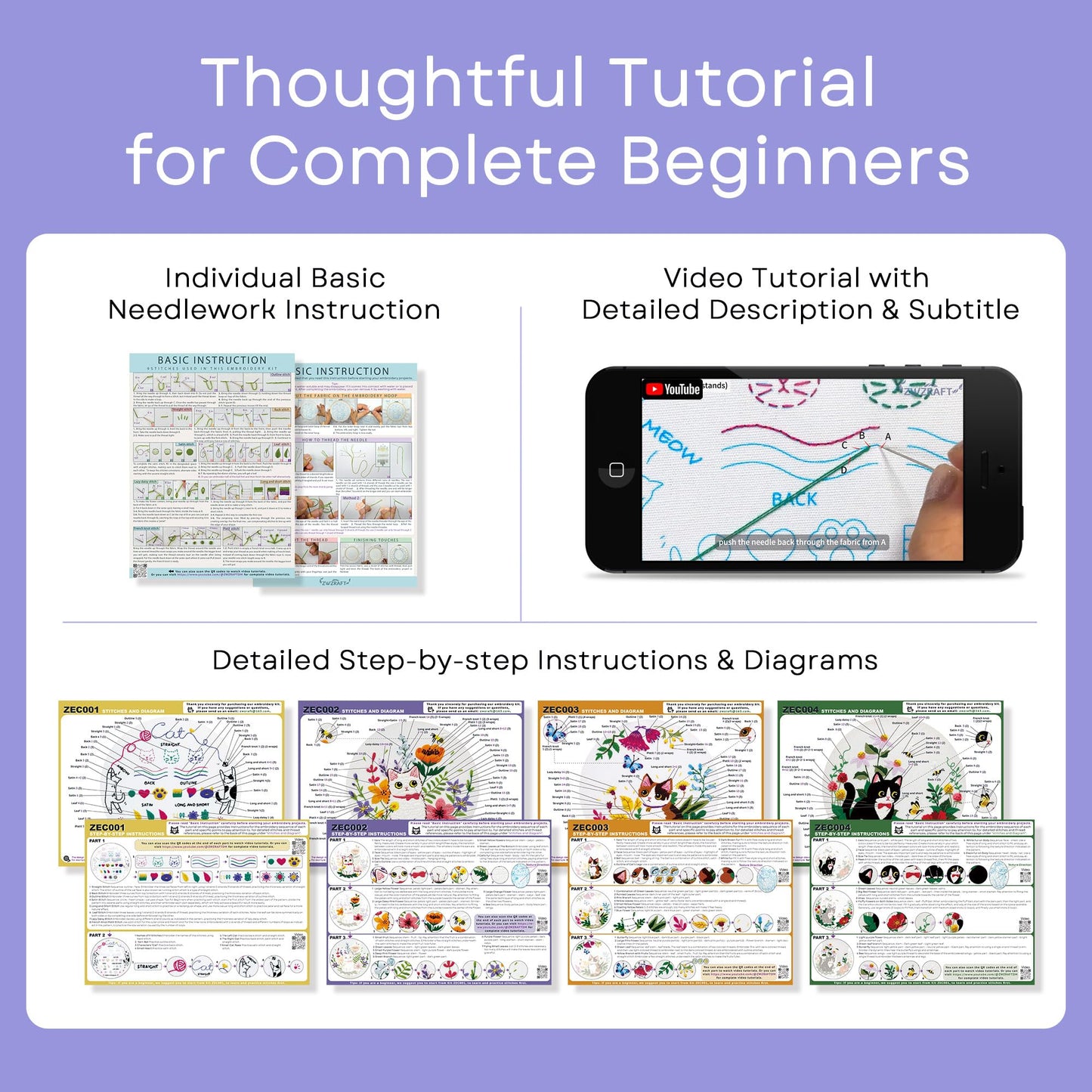 Embroidery Kit for Beginners, 4 Sets Cat Embroidery Kits, Needle Point Kits Adults Beginner, with Original Patterns, Detailed and Easy to Follow Step-by-Step Instructions