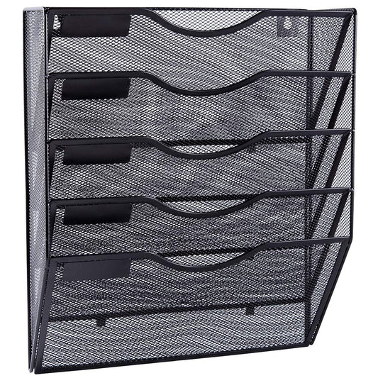 5 Pocket Mesh Hanging Wall File Organizer, Wall Mounted Mail Paper Document Folder Holder, Clipboard Storage Organization Magazine Rack with Nametag Label for Office Home School, Black