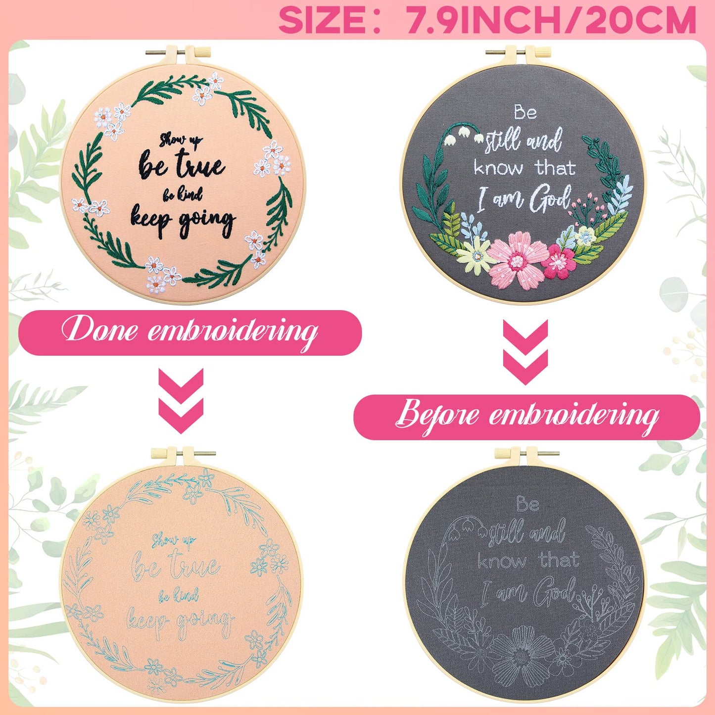 5 Sets Inspired Quote Embroidery Kit for Beginner Adult Motivational Embroidery Starter Set Floral Cross Stamped Needlepoint Kit Hoops Thread Needles for Adults Craft Lover
