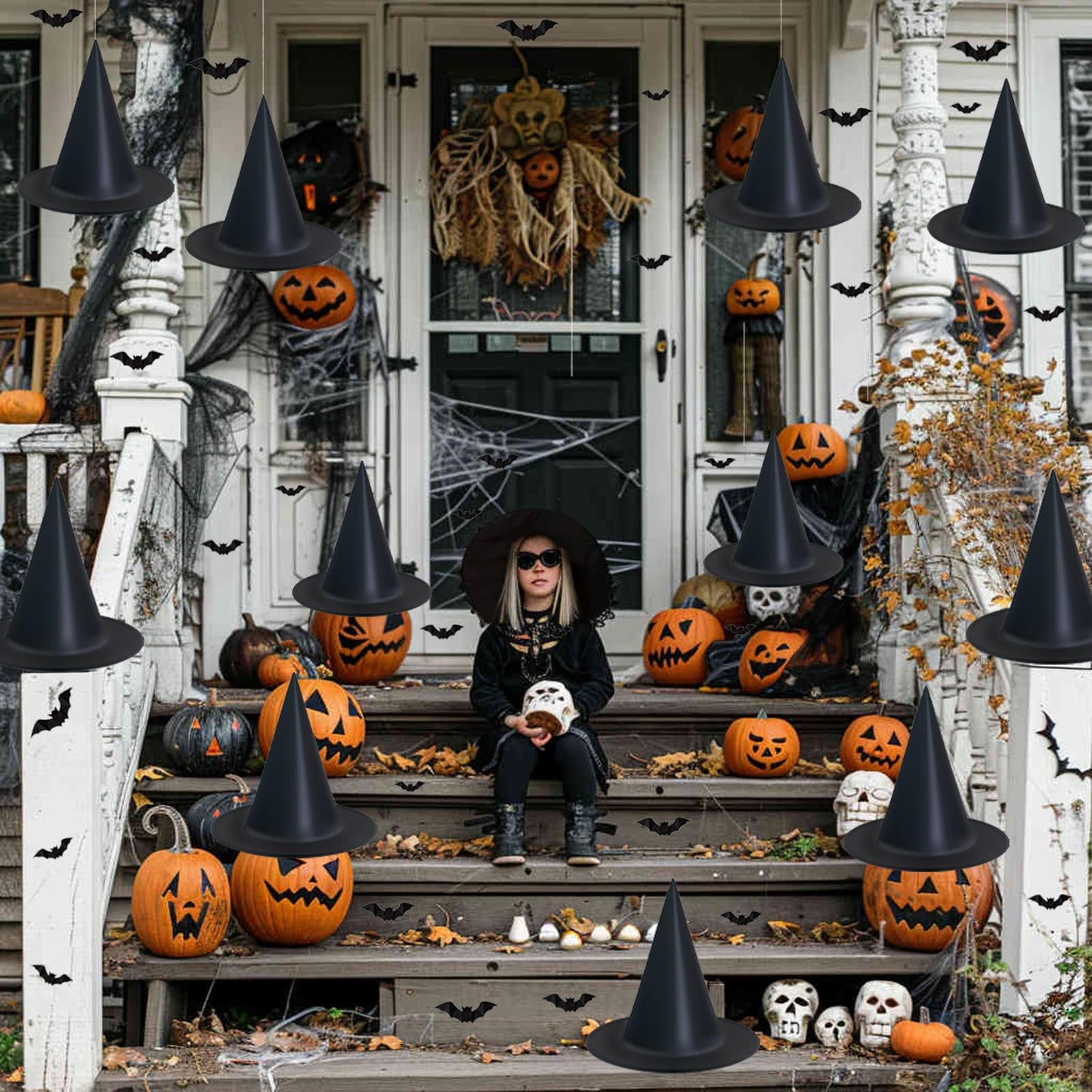 Witch hats 8 Pack Halloween Witches Hat with 108 Feet Hanging Rope & 32Pcs 3D Bats, Hanging Witch Hats Halloween Decor Witches Costume Accessory for Party Favor