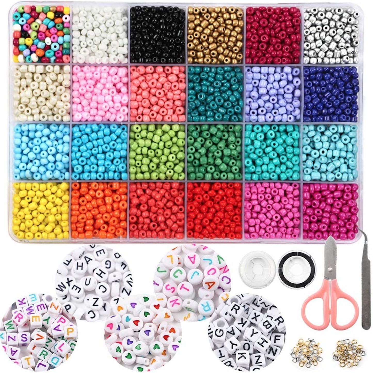 7200pcs Seed Beads for Friendship Bracelet Kit, 4mm Glass Bracelet Kit and 300pcs Letter Beads for Jewelry Making, Necklaces, Craft Gifts