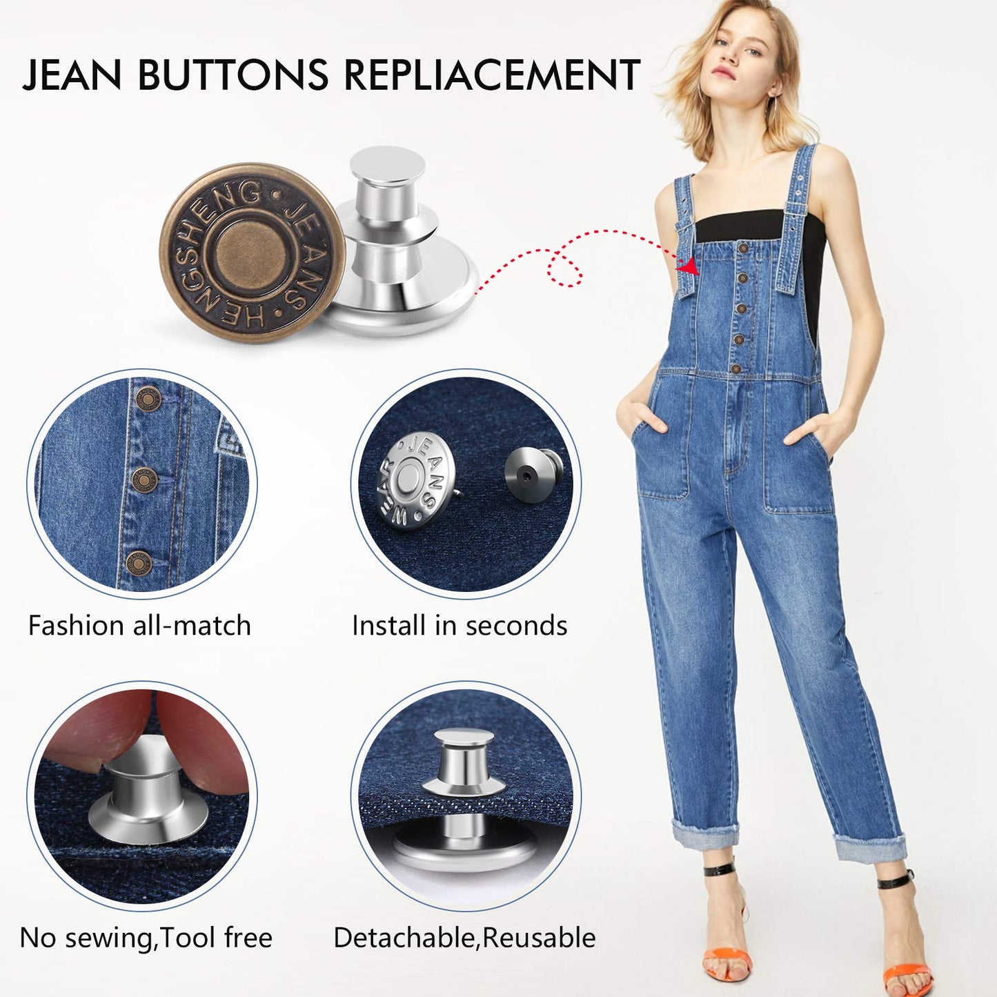 12 Sets Button Pins for Loose Jeans, No Sew and No Tools Instant Replacement Snap Tack Pant Button, Ceryvop Reusable and Adjustable Metal Pants Button Tightener