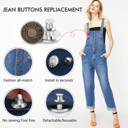 12 Sets Button Pins for Loose Jeans, No Sew and No Tools Instant Replacement Snap Tack Pant Button, Ceryvop Reusable and Adjustable Metal Pants Button Tightener