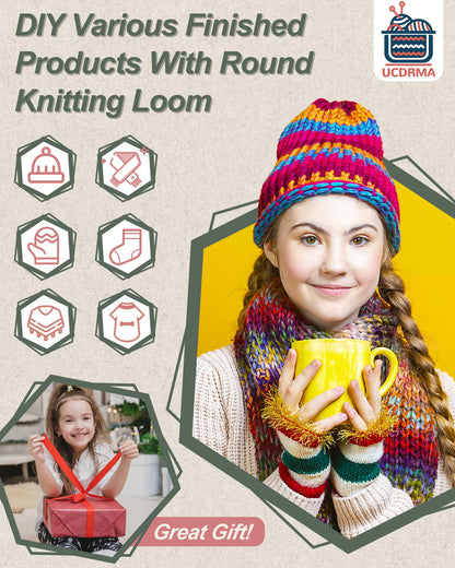 Loom Knitting Kit with Yarn, 23PCS Round Knitting Loom Kit for Beginners Including Instructions and Pom Pom Maker, Easy & Quick Hat Knitting Loom Set/Scarf Loom Knitting Set for Family