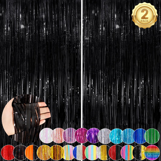 Black Fringe Curtain Party Streamers 2Pack 3.3x8.3 Ft Foil Fringe Backdrop Curtains for Birthday Wedding Bridal Baby Shower Halloween Decor Tinsel Streamers Black Party Decorations Door Streamers