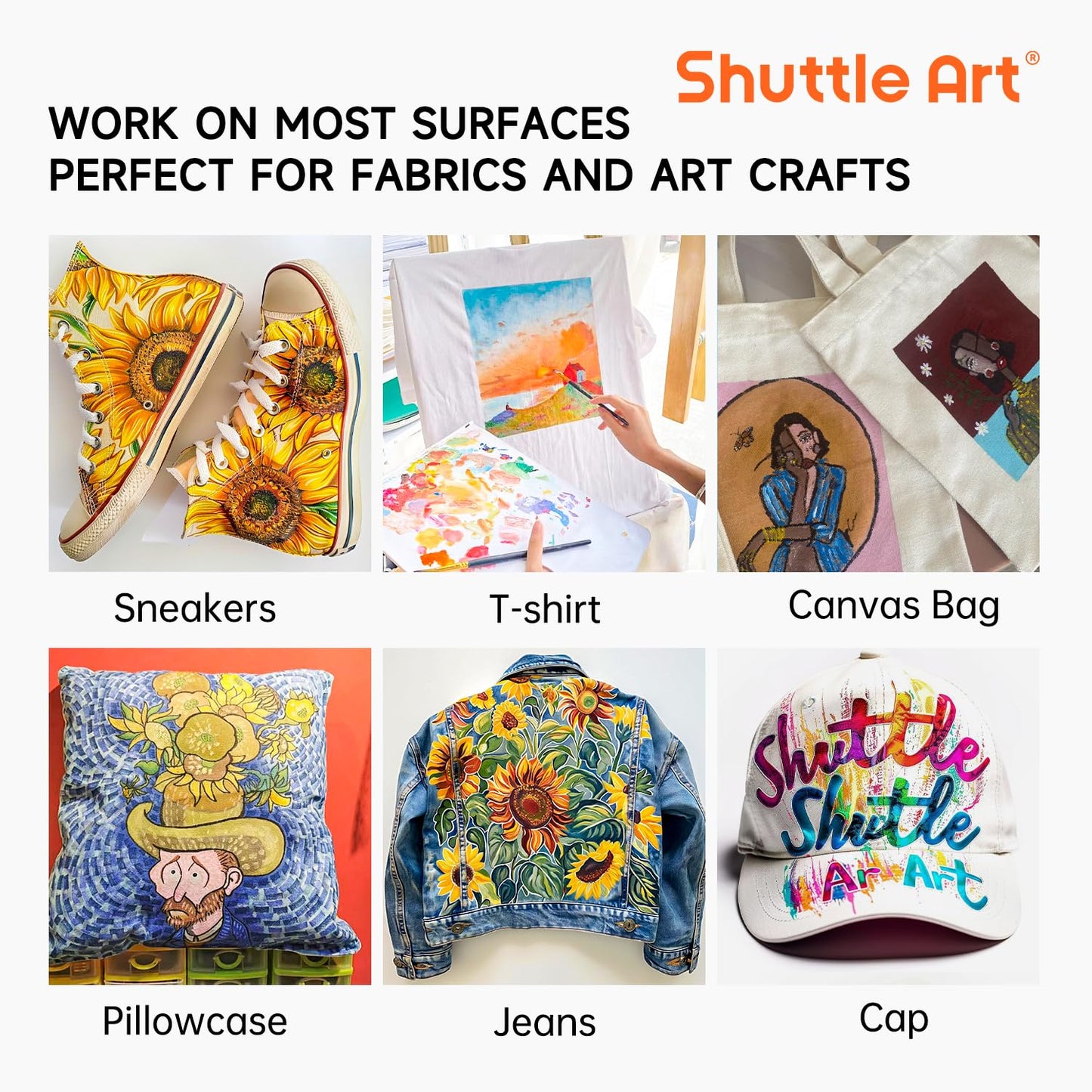 Fabric Paint, Shuttle Art 18 Colors Permanent Soft Fabric Paint in Bottles (60ml/2oz) with Brushes, Palette, Stencils, Non-Toxic Textile Paint for T-Shirts, Shoes, Jeans, Bags, DIY Projects&Art