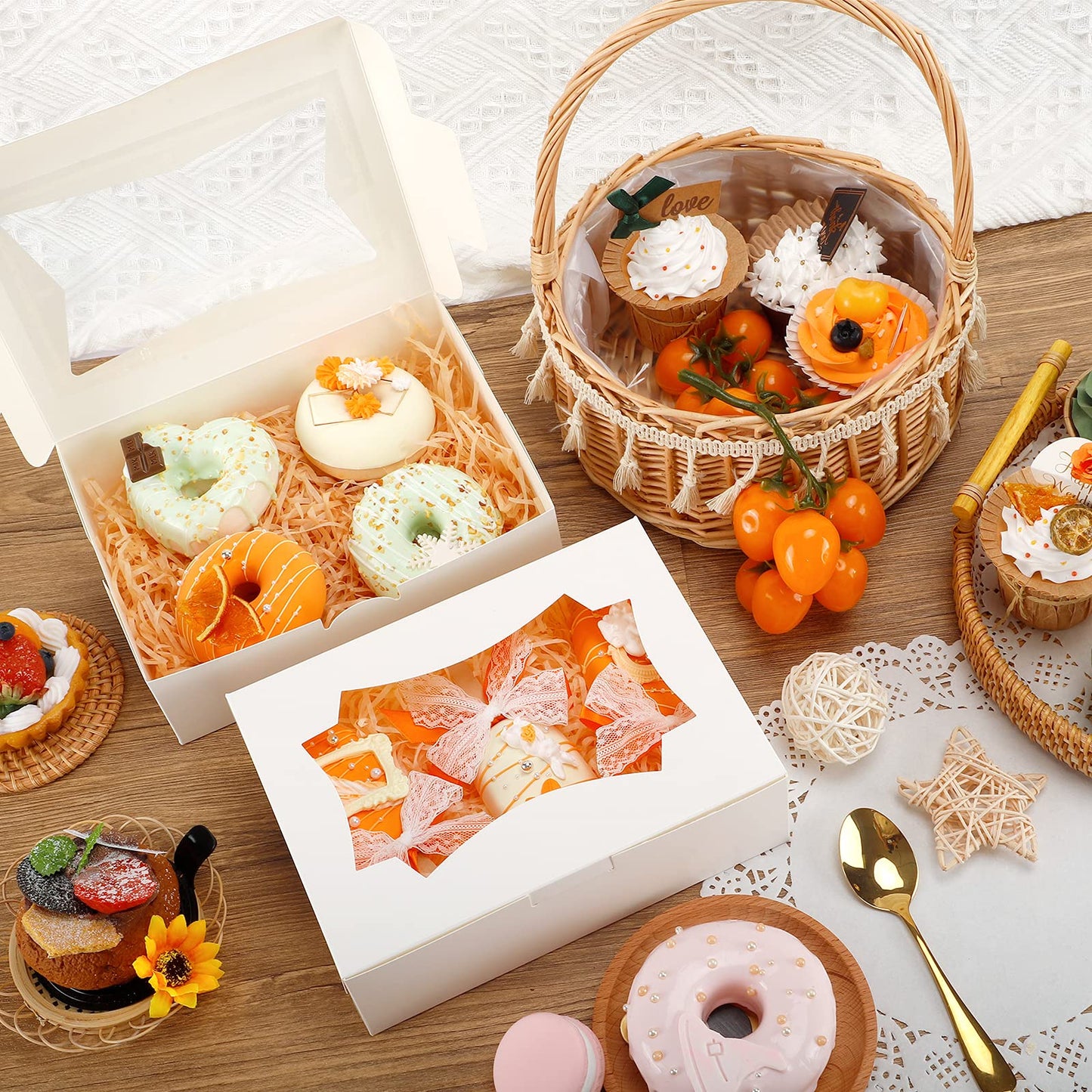 50pcs Cookie Boxes with Window, 8x6x2.5 Inches 2 Style Window Bakery Boxes for Treats, Father's Day, Chocolate Covered Strawberries, Muffins, Donuts