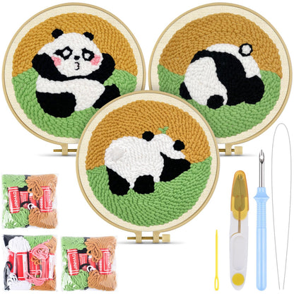 3 Sets Punch Needle Embroidery Kits, Panda Punch Needle Kits for Adults Beginner, Tool with Punch Needle Fabric, Hoops, Yarns and Sewing Needles