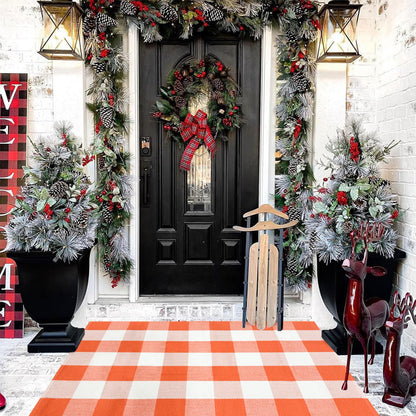 Buffalo Plaid Check Rug Orange and White Cotton Rug 27.5"x43.3" Machine Washable Outdoor Rugs Layered Doormats for Porch Kitchen Farmhouse