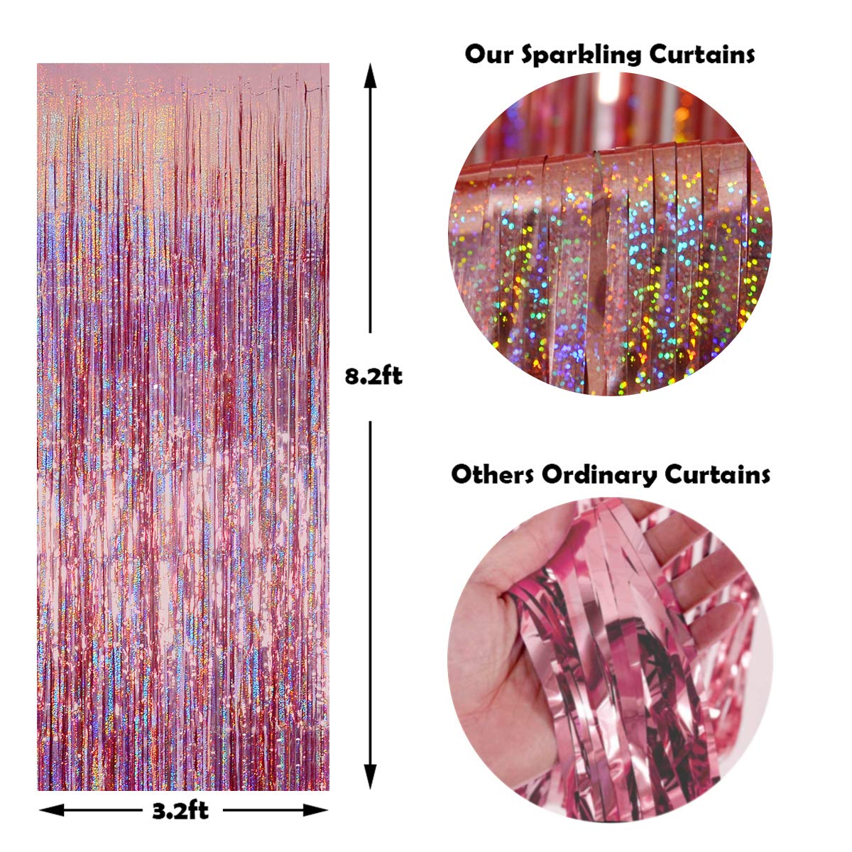 Foil Fringe Curtains Party Decorations - Melsan 3 Pack 3.2 x 8.2 ft Tinsel Curtain Party Photo Backdrop for Birthday Party Baby Shower or Mother's Day Rose Gold