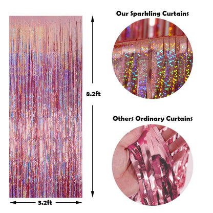 Foil Fringe Curtains Party Decorations - Melsan 3 Pack 3.2 x 8.2 ft Tinsel Curtain Party Photo Backdrop for Birthday Party Baby Shower or Mother's Day Rose Gold