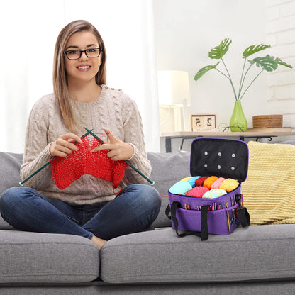 Crochet Bag for Beginners, High Capacity Yarn Totes Organizer with Inner Divider Portable for Crochet Hooks, Knitting Needles, Project and Supplies, Purple