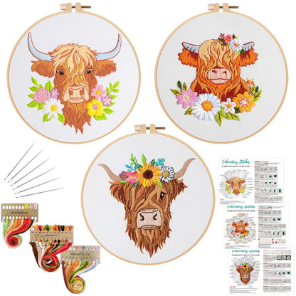 3 Sets Embroidery Kits for Beginners,Cross Stitch Kit for Adults,Starters DIY Needlepoint Including Hoop -Highland Cow and Florals Pattern