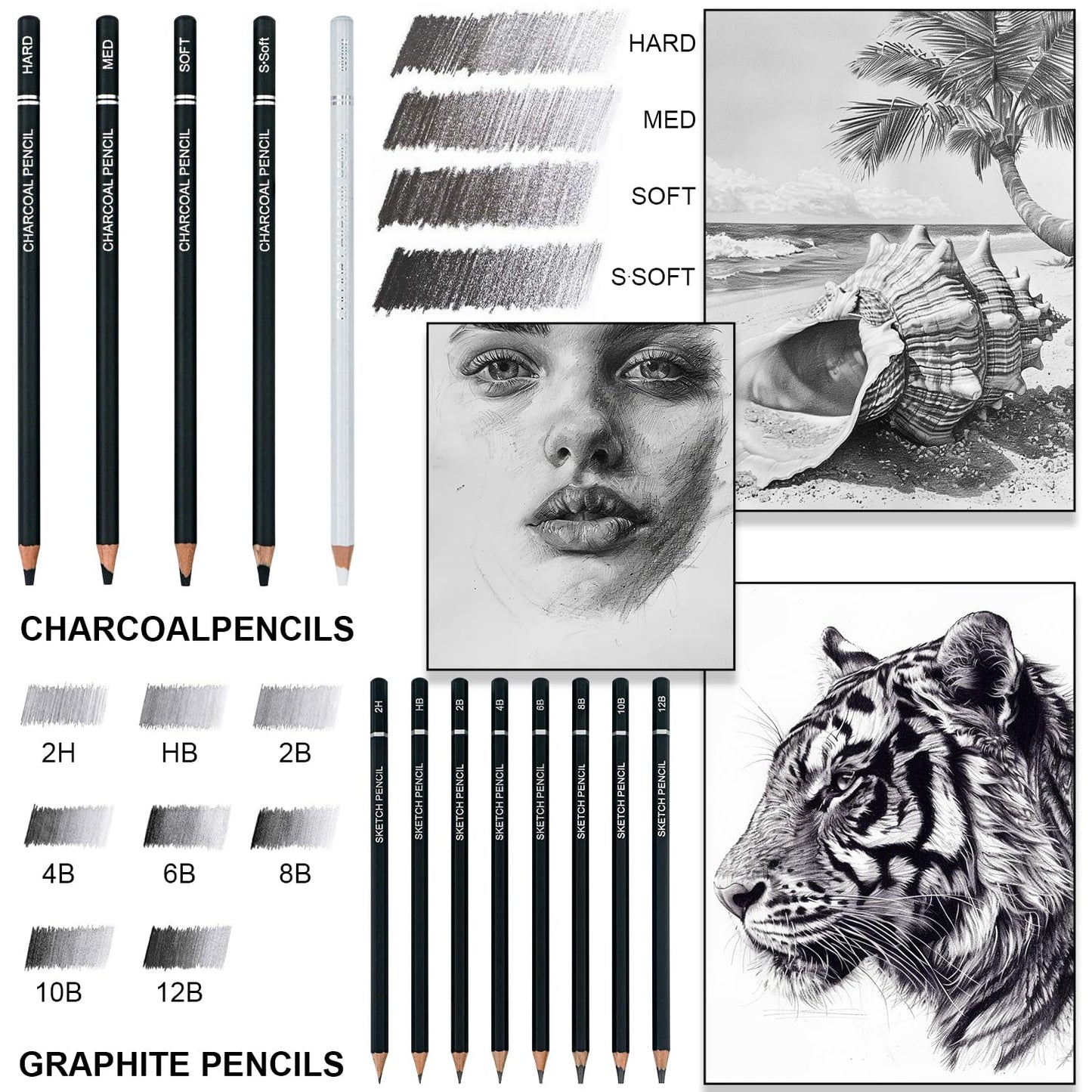 Pencils for Drawing, Set of 22, Professional Drawing Sketch Pencils, Art Supplies for Sketching, Shading, Artist Charcoal Supplies for Beginners & Pro Artists.