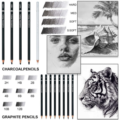 Pencils for Drawing, Set of 22, Professional Drawing Sketch Pencils, Art Supplies for Sketching, Shading, Artist Charcoal Supplies for Beginners & Pro Artists.