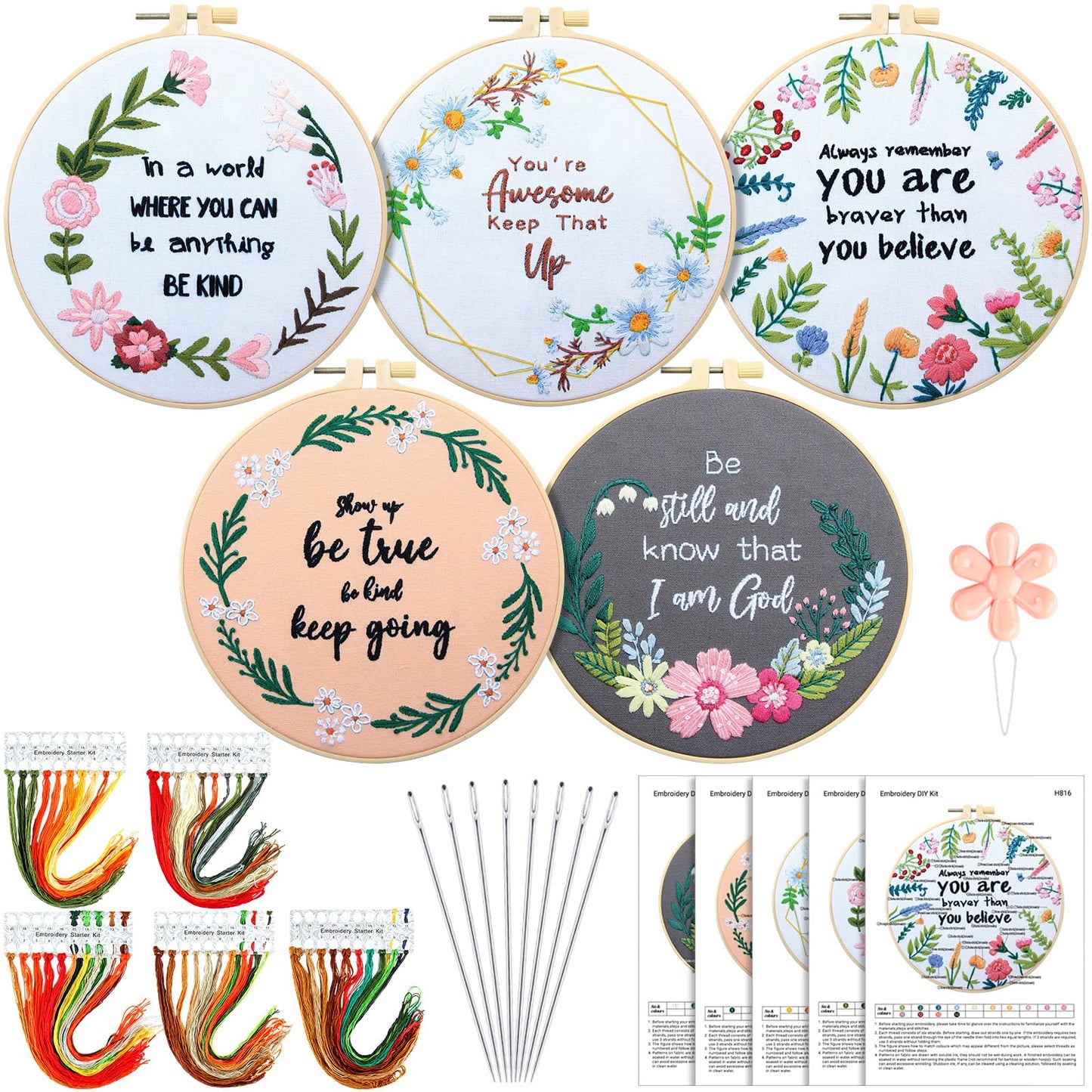 5 Sets Inspired Quote Embroidery Kit for Beginner Adult Motivational Embroidery Starter Set Floral Cross Stamped Needlepoint Kit Hoops Thread Needles for Adults Craft Lover