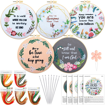 5 Sets Inspired Quote Embroidery Kit for Beginner Adult Motivational Embroidery Starter Set Floral Cross Stamped Needlepoint Kit Hoops Thread Needles for Adults Craft Lover