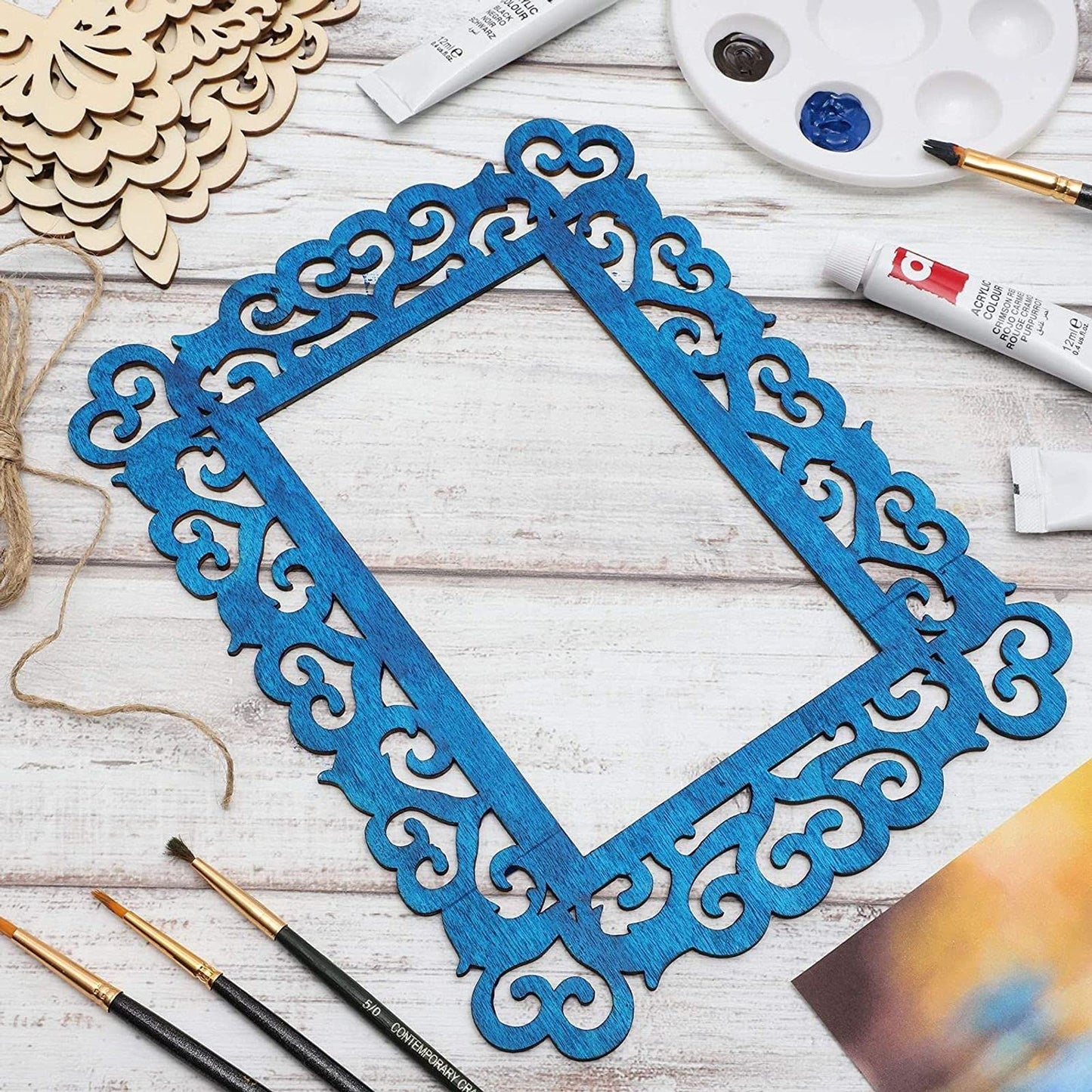 Unfinished Wooden Picture Frames for Crafts with Cutouts and String - Pack of 6