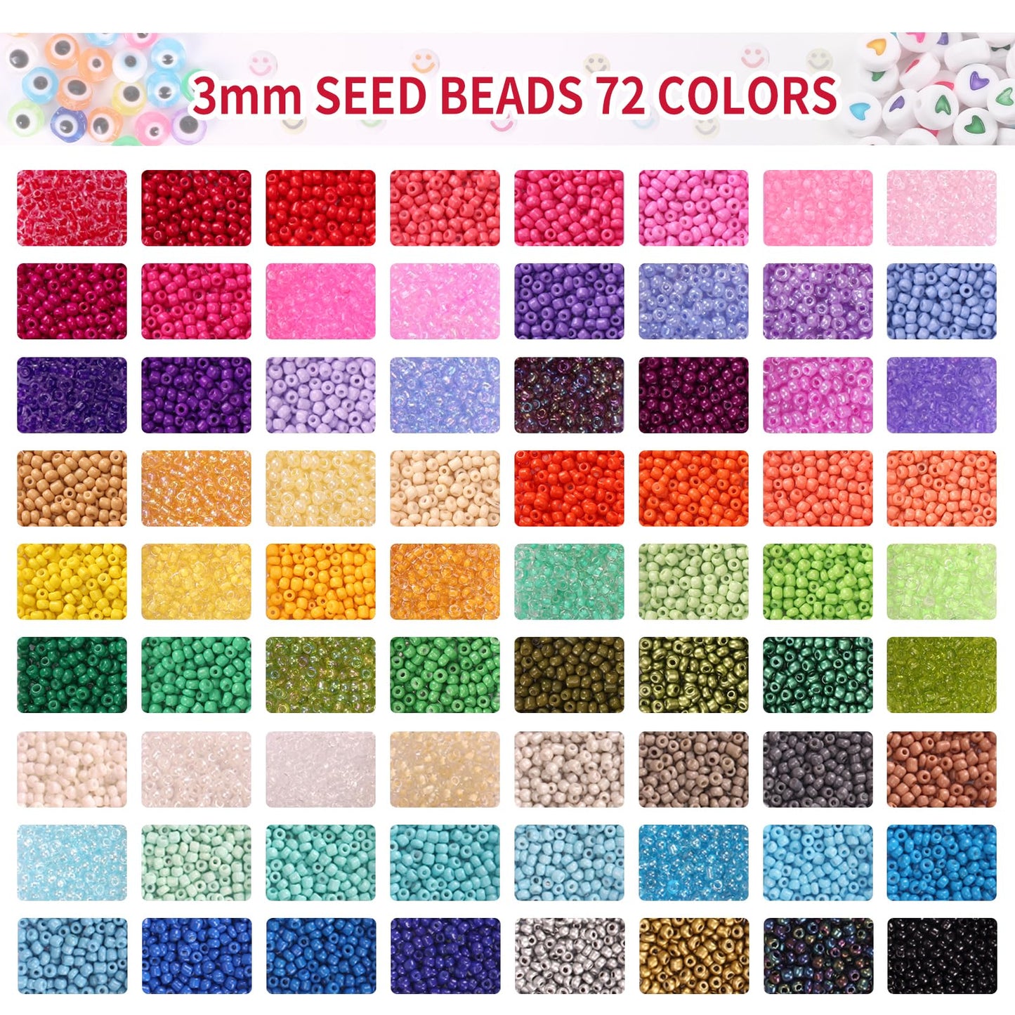 14400pcs 72 Colors 3mm Glass Seed Beads for Bracelet Making Kit, Waist Beads Kit Small Beads for Jewelry Making with Letter Beads for Crafts Gifts