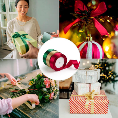 3 Rolls Christmas Ribbon 1 Inch X 50 Yards Red and Green Satin Ribbon Double Faced Polyester Holiday Ribbons for Gift Wrapping Wedding Decor