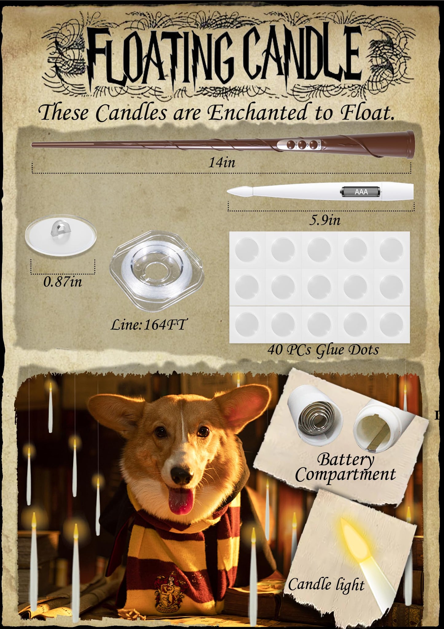 Floating Candles with Wand, 20 PCs Magic Hanging Candles, Flickering Warm Light Flameless Floating LED Candle with Wand Remote, Battery Operated Window Taper Candle Set for Theme Party Birthday Gift