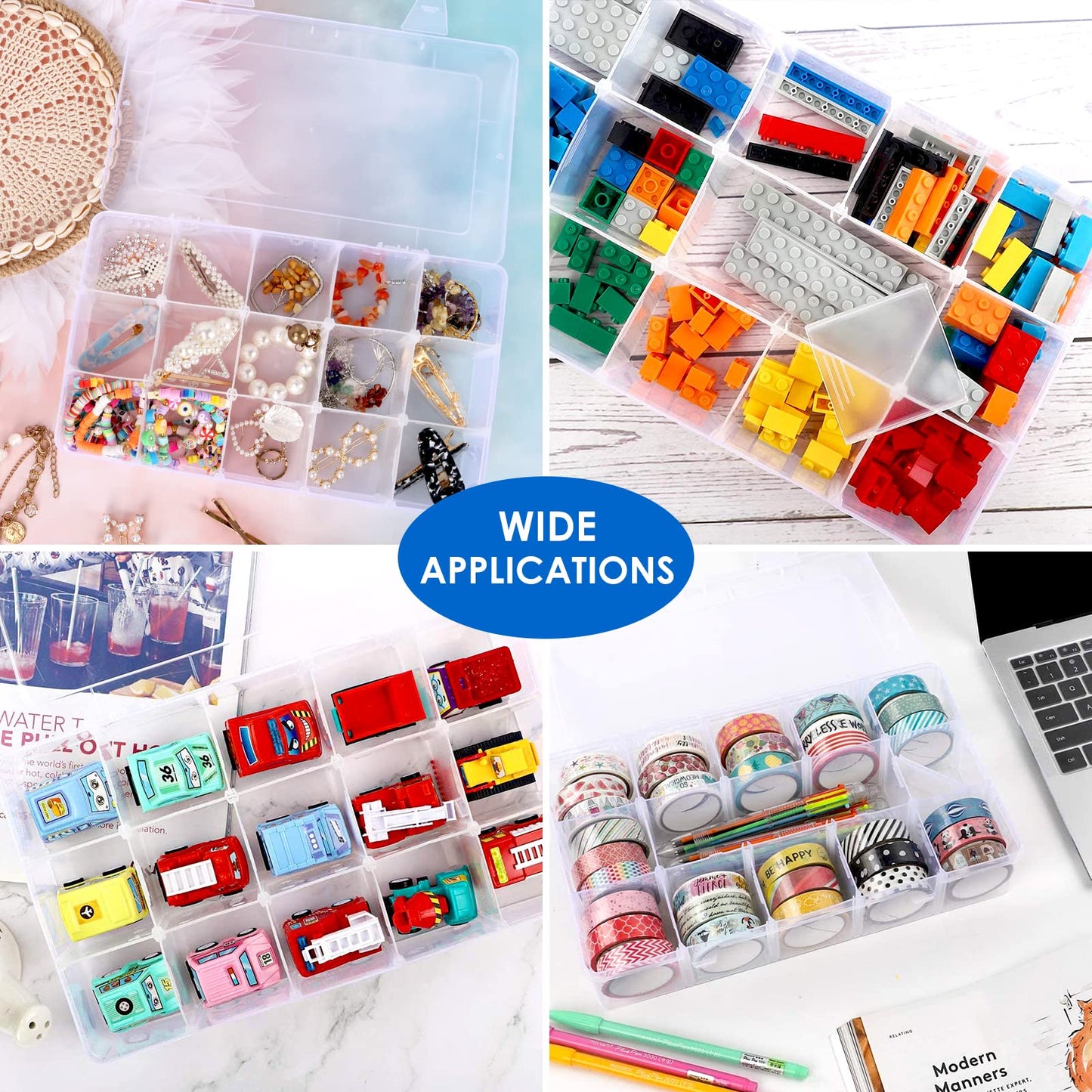 2 Pack 15 Girds Bead Organizer, Large Clear Plastic Organizer Box with Adjustable Dividers for Beads, Art DIY, Crafts, Jewelry, Fishing Tackle with Label Stickers