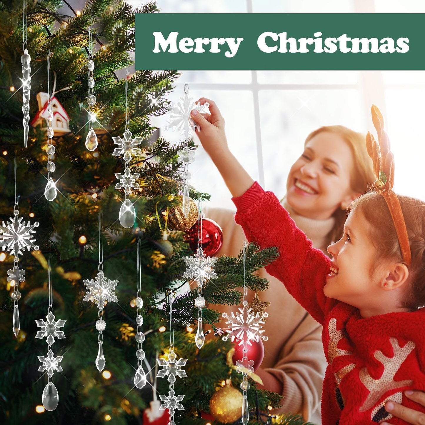 18Pcs Christmas Tree Decoration Crystal Ornaments,Christmas Hanging Snowflakes Decorations Acrylic Icicle Crystal Ornaments for Christmas Tree Winter New Year Party Decor Supplies