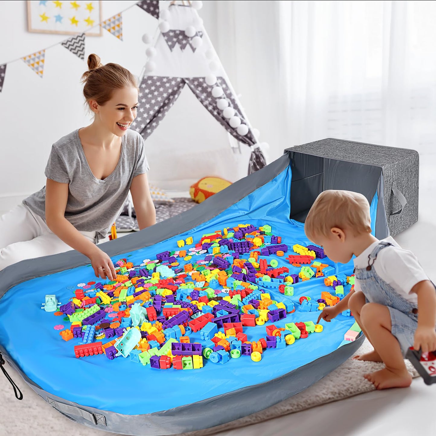 Toy Storage Organizer and Play Mat- 2-in-1 Toy Storage Chest Bin for Kids, Stackable and Foldable Cube Toy Basket Box for Boys & Girls, Large Building Blocks Storage Holder for Playroom,Grey
