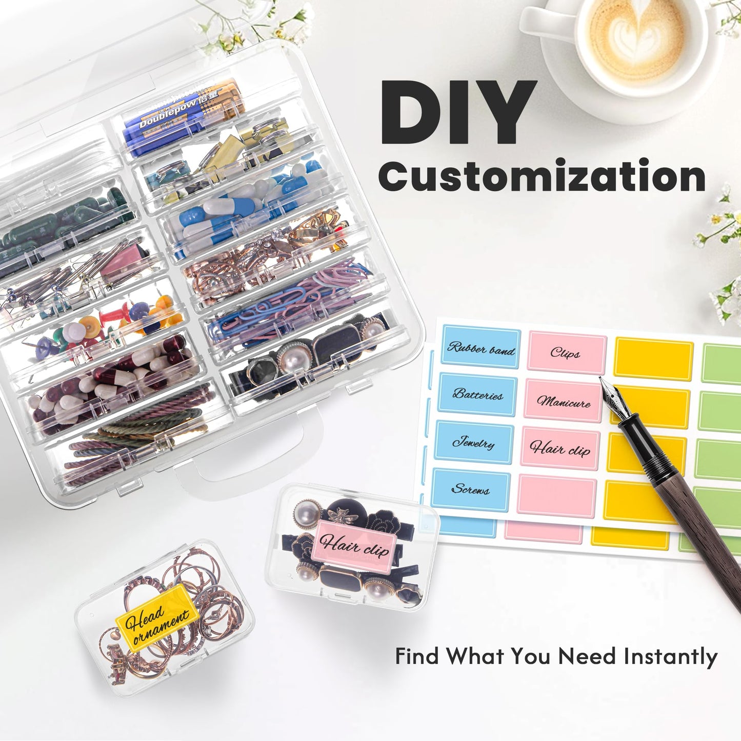 Small Bead Organizers and Storage, 12 Clear Plastic Boxes with Hinged Lids, for Beads, Jewelry Making, Crafts, Hardware, Fishing Tackle, Small Parts (32 Labels)