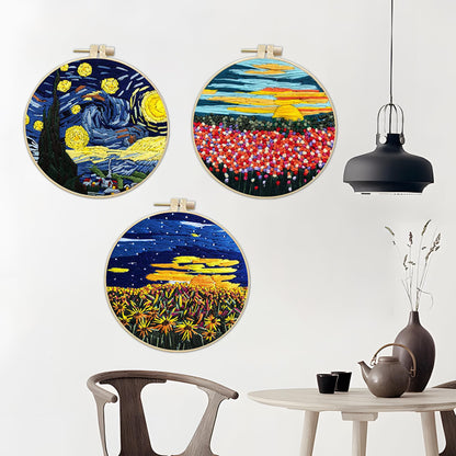 3 Sets Embroidery kit for Beginners Adults,Embroidery Kit Punch Needle Kit Cross Stitch Kits with Embroidery Hoop and Instructions,Hand Embroidery Starter Kit (Garden Scenery)