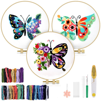 3 Sets Embroidery Stitch Practice kit, Butterfly Flower Embroidery Kit for Beginners Include Cloth Hoops Threads for Craft Lover Hand Stitch with Embroidery Skill Techniques