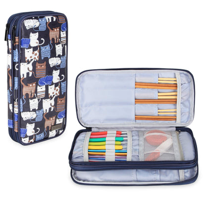 Knitting Needles Case(up to 10-Inch), Travel Organizer Storage Bag for Circular and Straight Knitting Needles, Crochet Hooks and Knitting Accessories, Blue Cats-NO ACCESSORIES INCLUDED